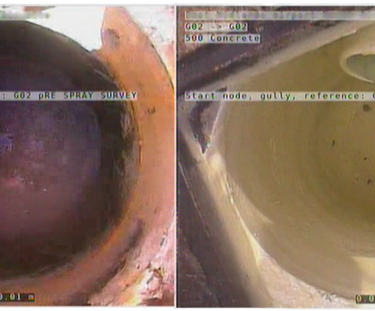 Before and after of a spray-lined gully to stop leaking